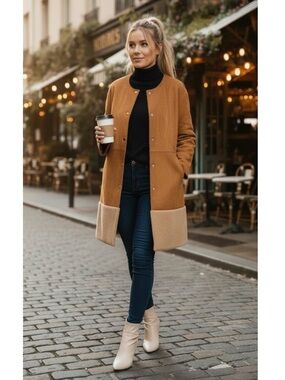 NWT ZARA Faux Suede & Faux Fur Trim Coat in Brown/Cream Size Large